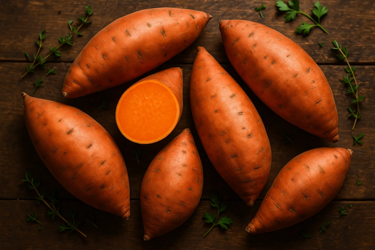 Fresh sweet potatoes on rustic wooden table - 112 calories per medium sweet potato
