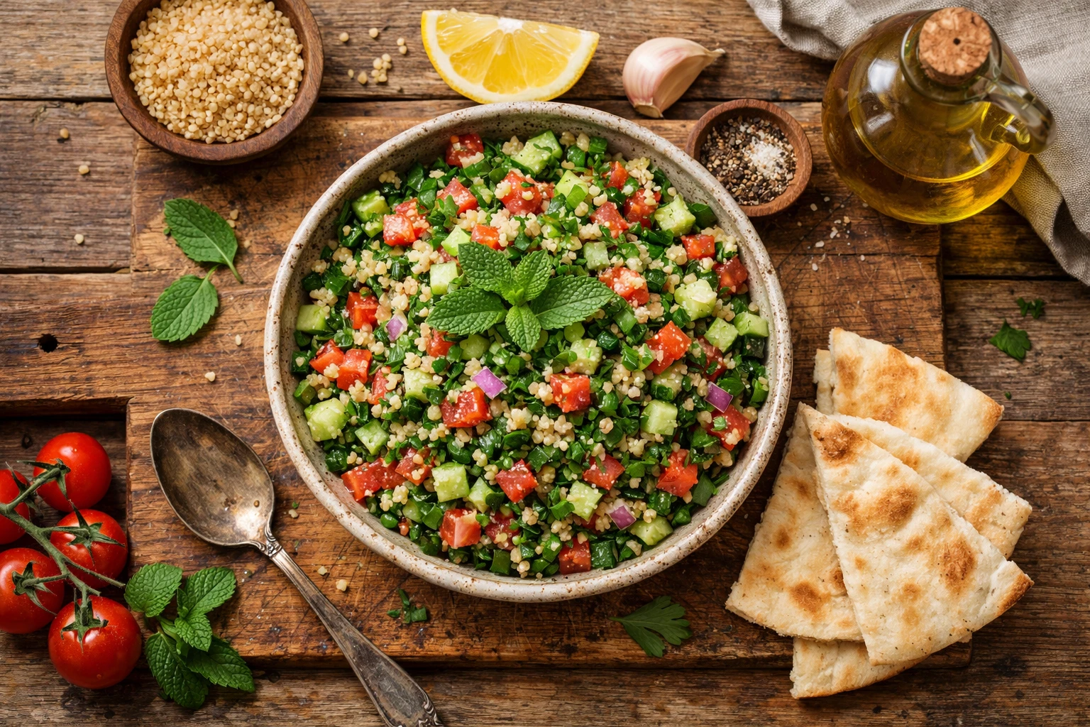 Fresh tabbouleh salad on rustic wooden table - 120 calories per cup