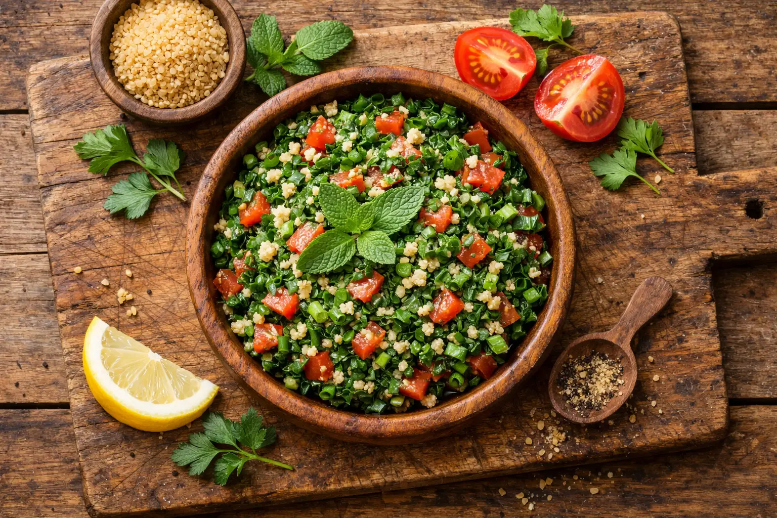 Fresh tabbouleh salad on rustic wooden table - 120 calories per cup