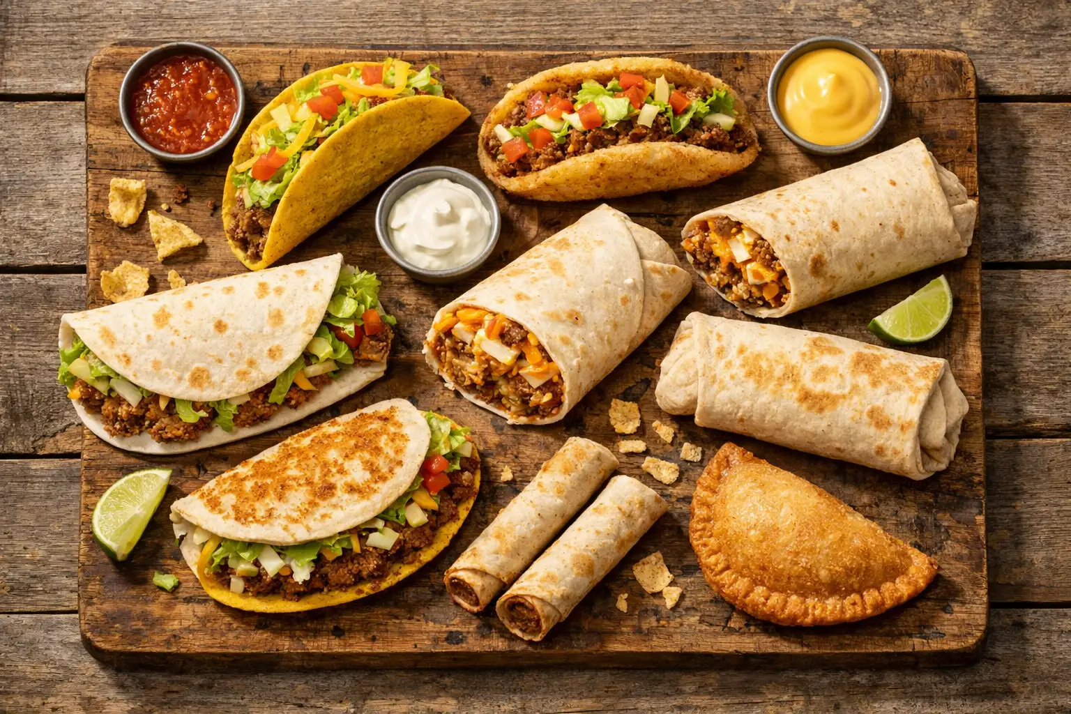 Articles du Taco Bell Decades Menu sur table en bois rustique - 170 à 430 calories par article