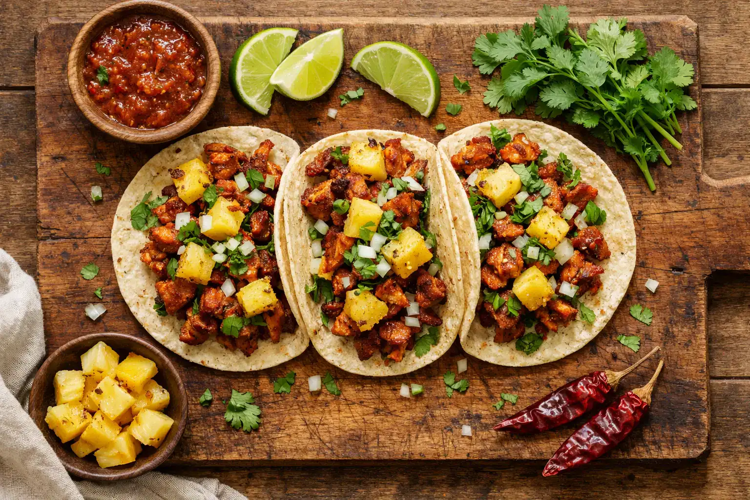 Frische Tacos al Pastor auf rustikalem Holztisch - 200 Kalorien pro Taco