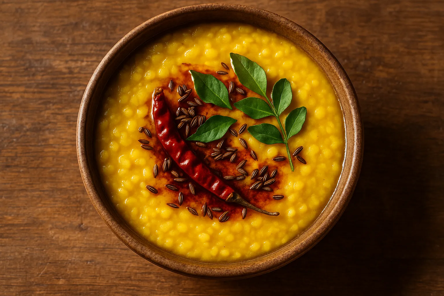 Fresh tadka dal on rustic wooden table - 120 calories per 100g