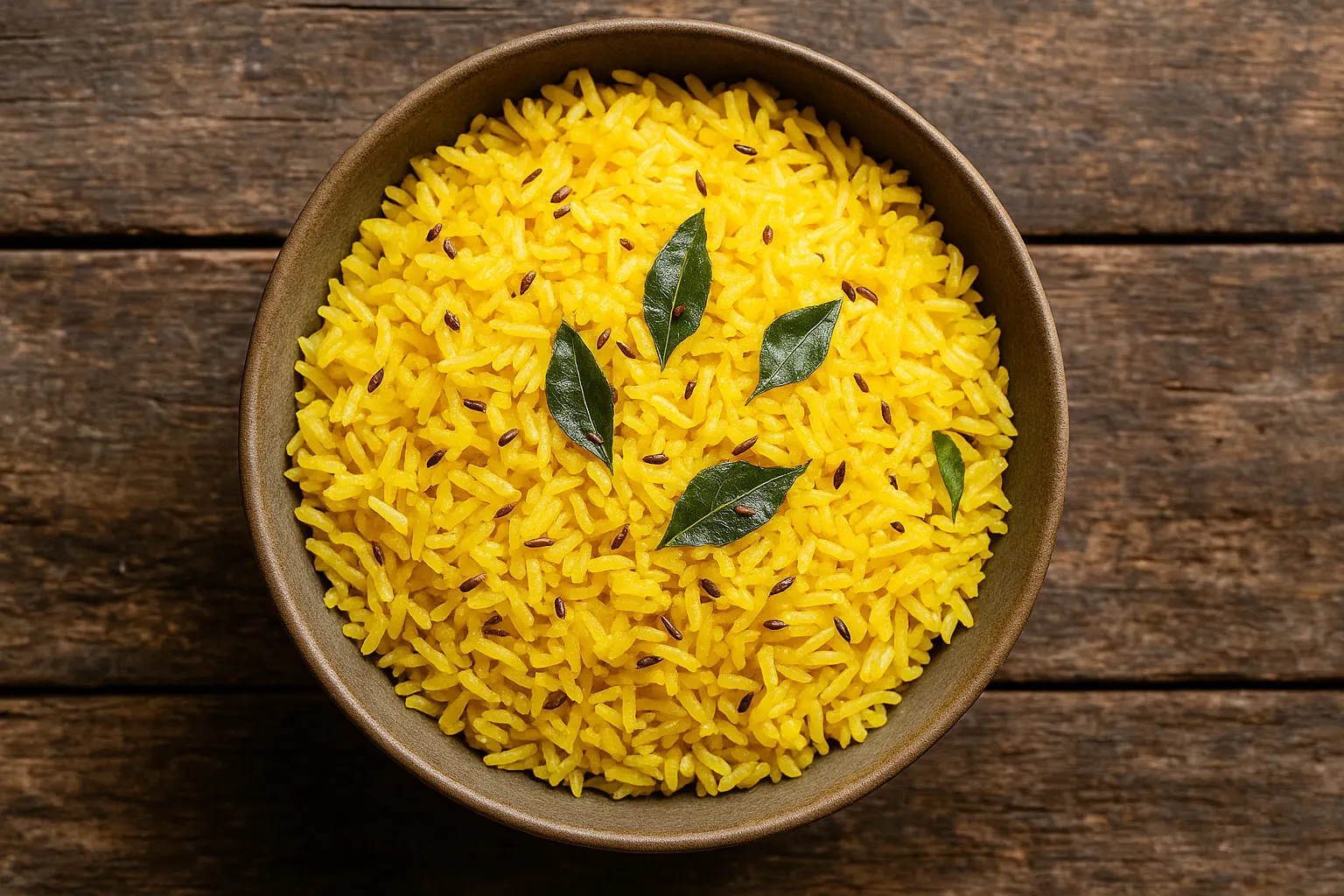 Fresh tadka rice on rustic wooden table - 130 calories per 100g