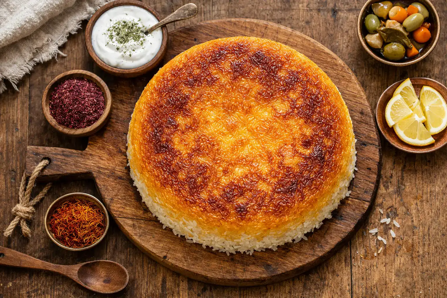 Tahdig fresco en mesa de madera rústica - 280 calorías por porción