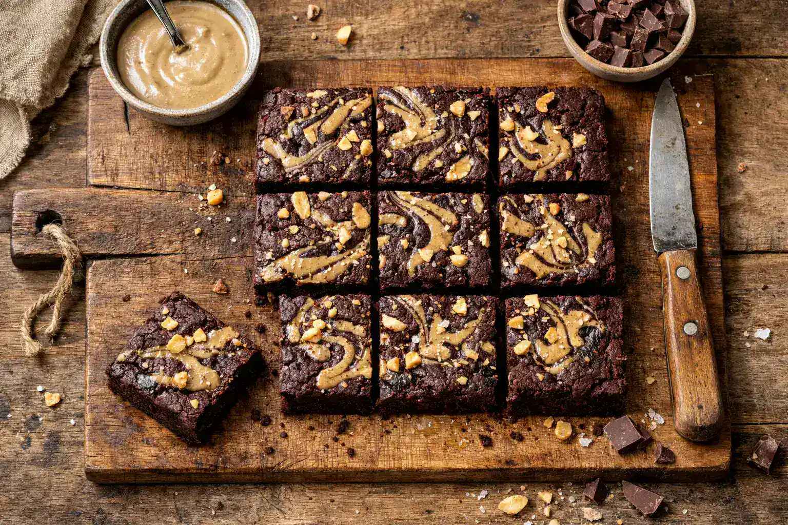Frischer Tahini-Schokoladen-Brownie auf rustikalem Holztisch - 200 Kalorien pro Stück
