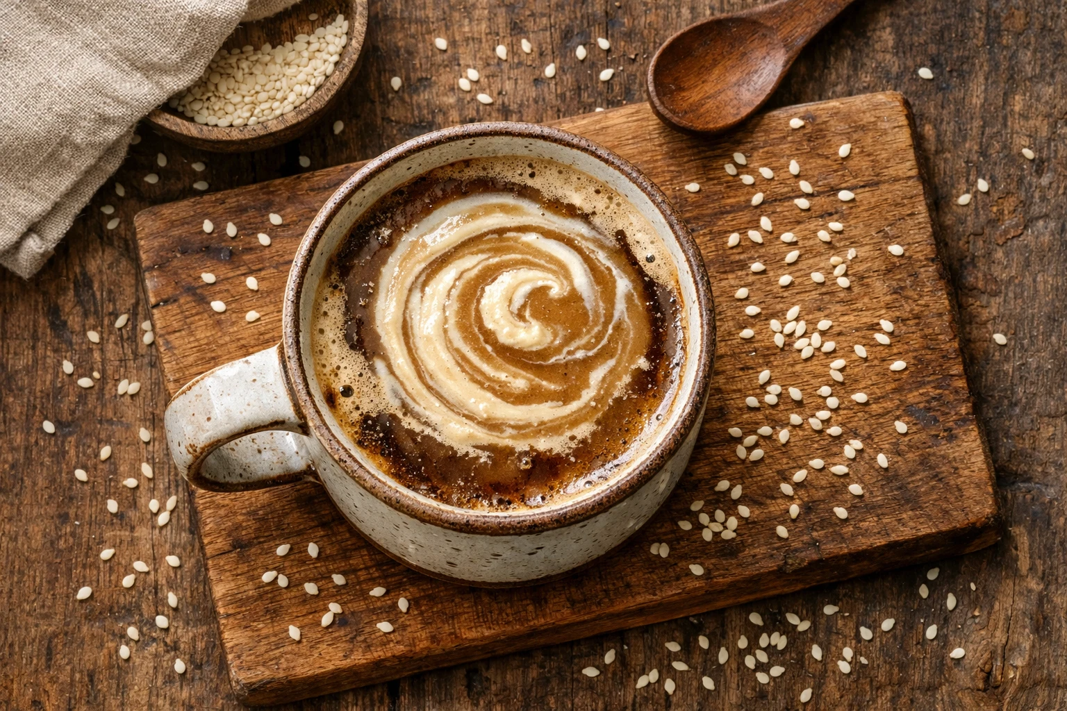 Tahini coffee with swirled sesame paste in ceramic cup - 155 calories per serving