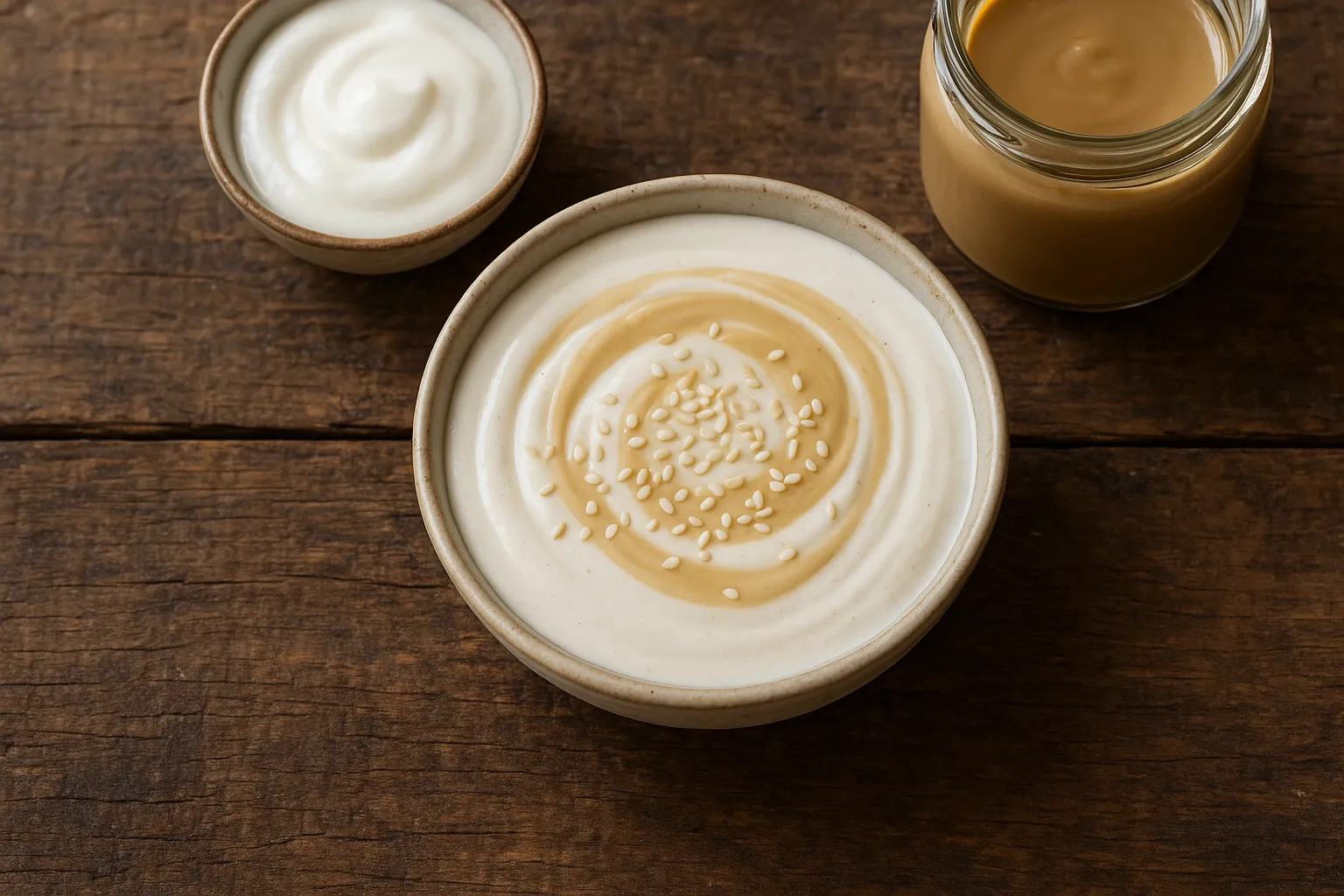 Fresh tahini yogurt dressing on rustic wooden table - 165 calories per 100g