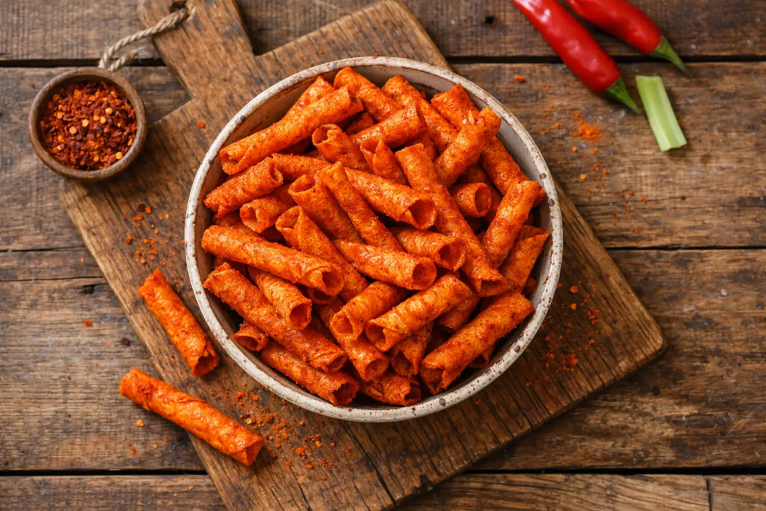 Takis Crazy Buffalo rolled tortilla chips in a bowl - 150 calories per 28g serving