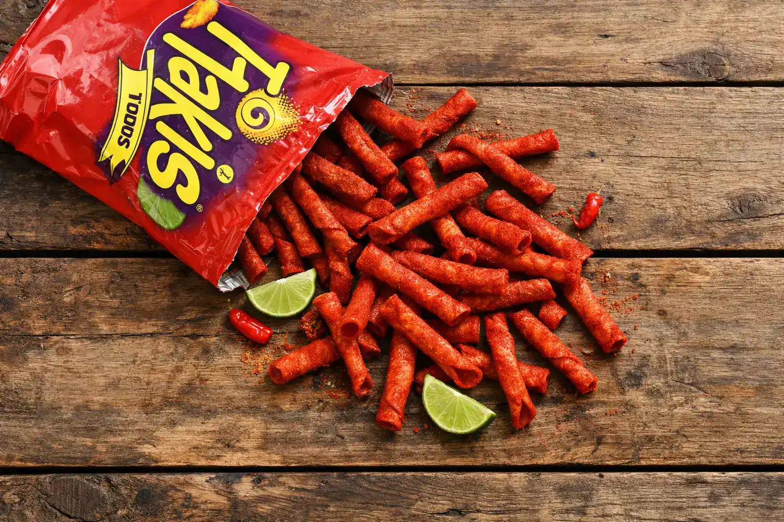 Takis Fuego gerollte Tortilla-Chips auf rustikalem Holztisch - 140 Kalorien pro 28 g Portion