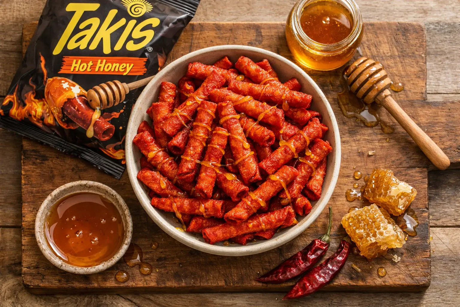 Takis Hot Honey rolled tortilla chips on rustic wooden table - 140 calories per 28g serving