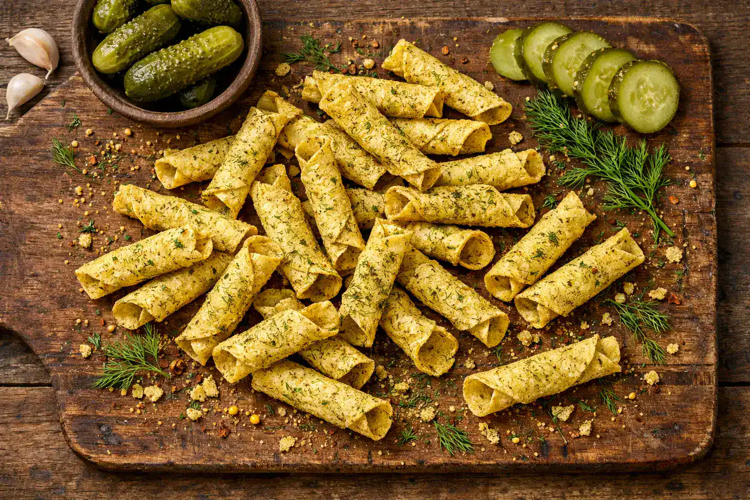 Fresh Takis Pickle Punch rolled tortilla chips on rustic wooden table - 150 calories per 28g serving