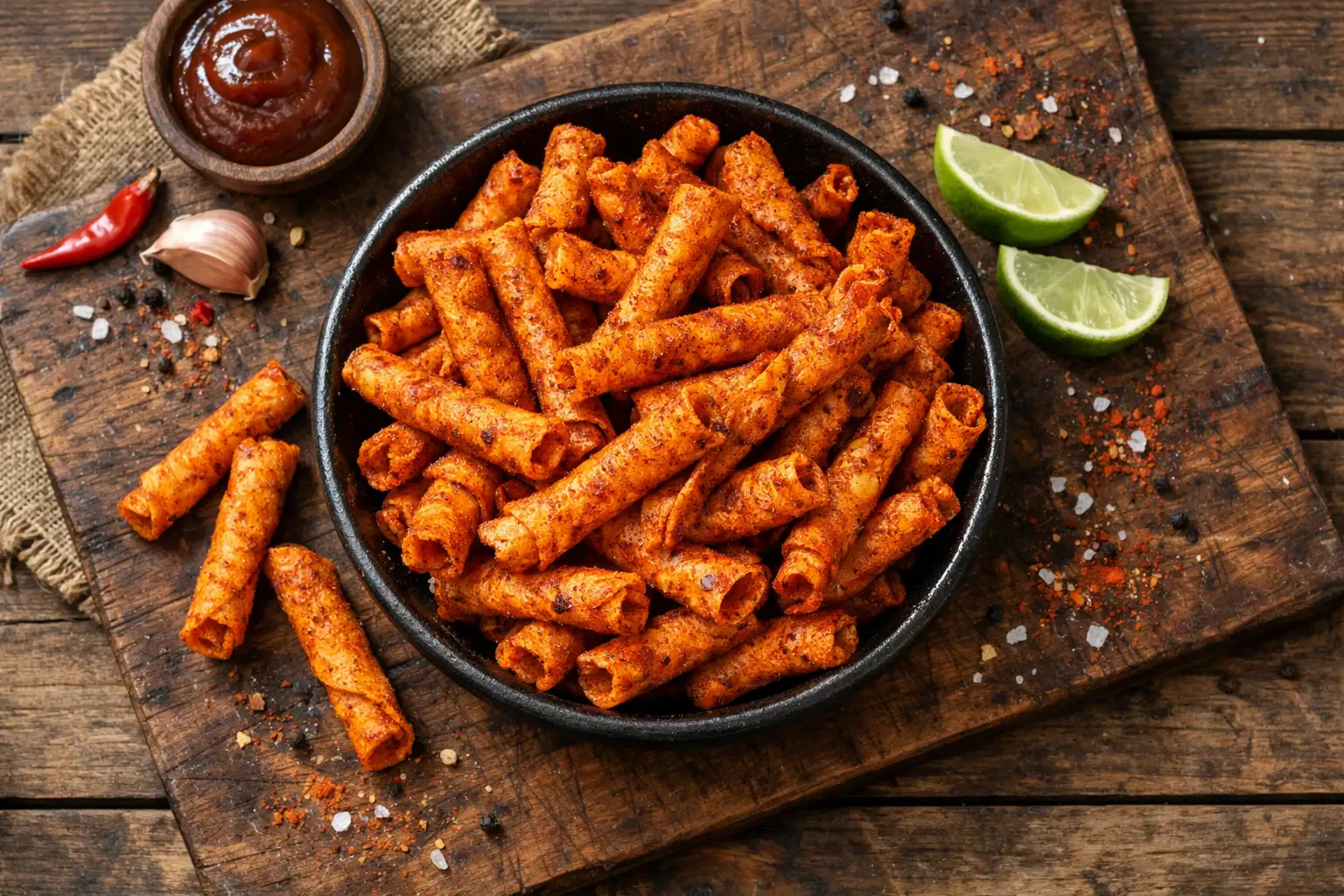 Takis Smokin BBQ rolled tortilla chips in a bowl - 140 calories per 28g serving