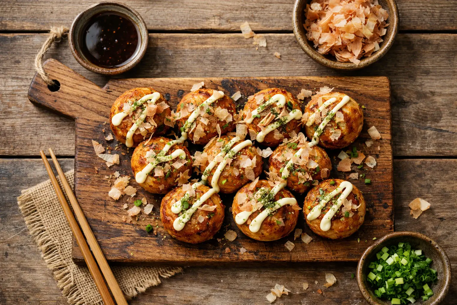 Takoyaki fresco en mesa de madera rústica - 350 calorías por 6 piezas