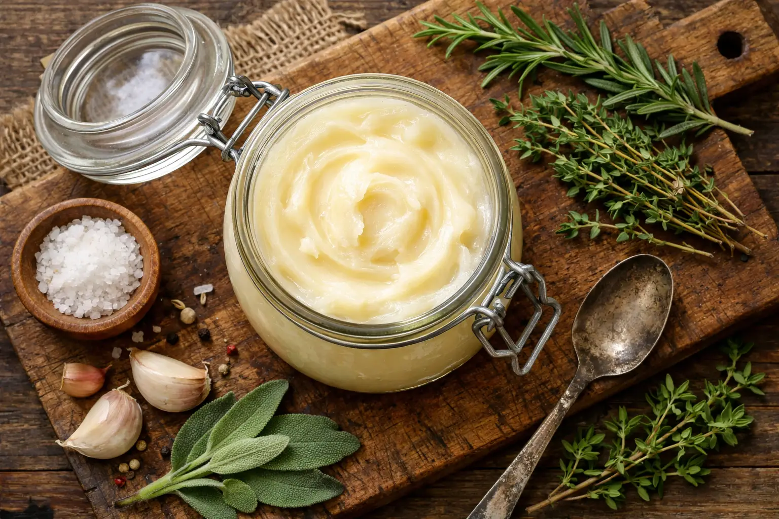 लकड़ी की टेबल पर ताज़ा बीफ टैलो – प्रति टेबलस्पून 117 कैलोरी