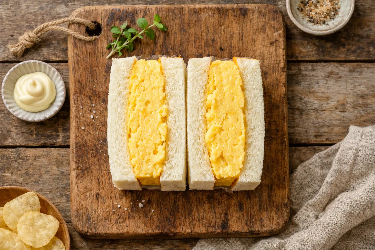 Fresh tamago sando Japanese egg sandwich on rustic wooden table - 280 calories per sandwich