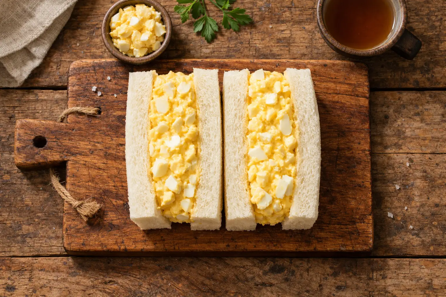 Tamago sando fresco, sándwich de huevo japonés en mesa de madera rústica - 320 calorías por sándwich