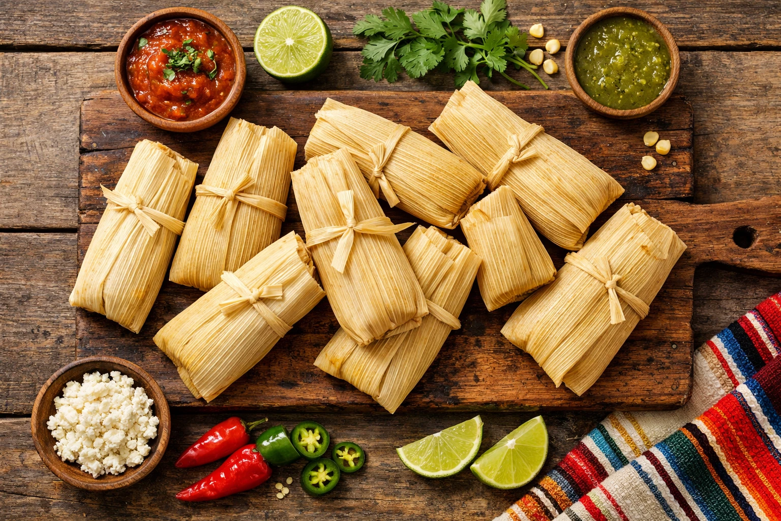 Tamales frescos envueltos en hojas de maíz sobre mesa de madera rústica - 280 calorías por tamal