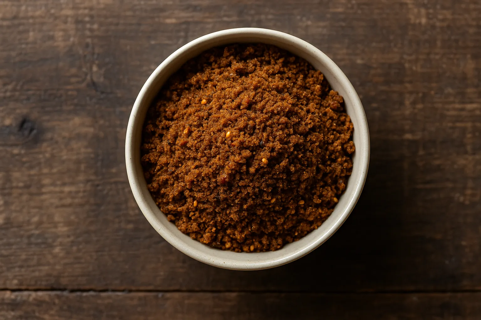 Fresh tamarind thogayal on rustic wooden table - 320 calories per 100g serving