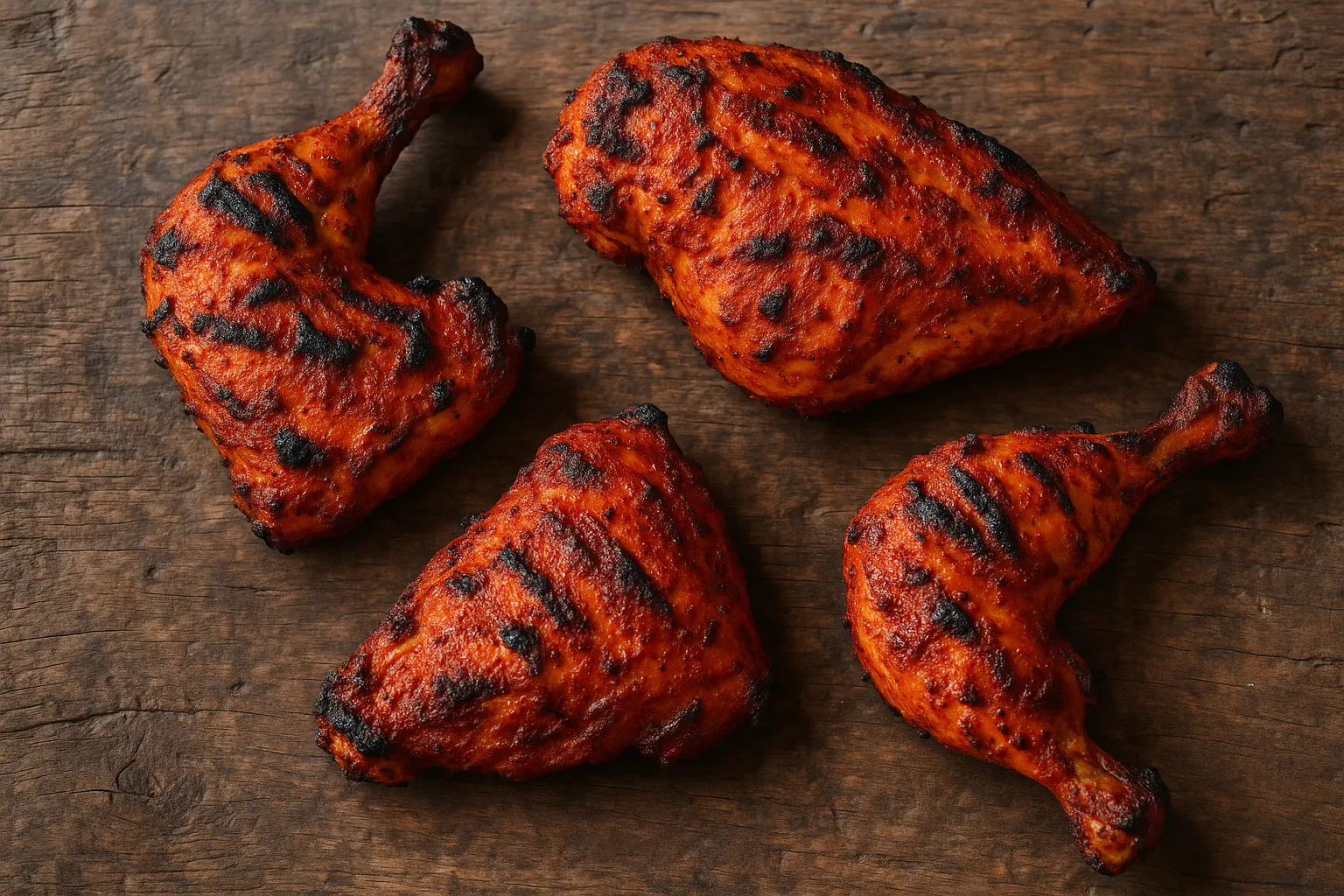 Fresh tandoori chicken on rustic wooden table - 165 calories per 100g