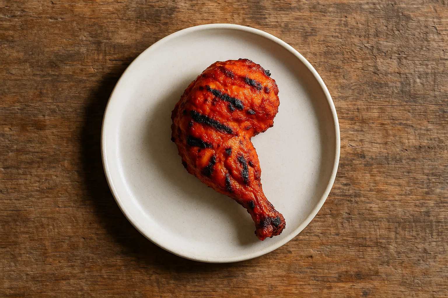 Fresh tandoori chicken leg on rustic wooden table - 187 calories per leg
