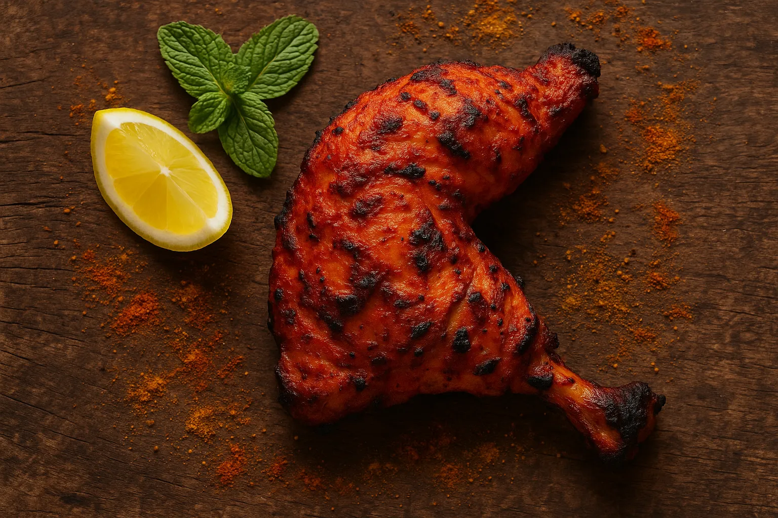 Fresh tandoori chicken piece on rustic wooden table - 168 calories per 100g