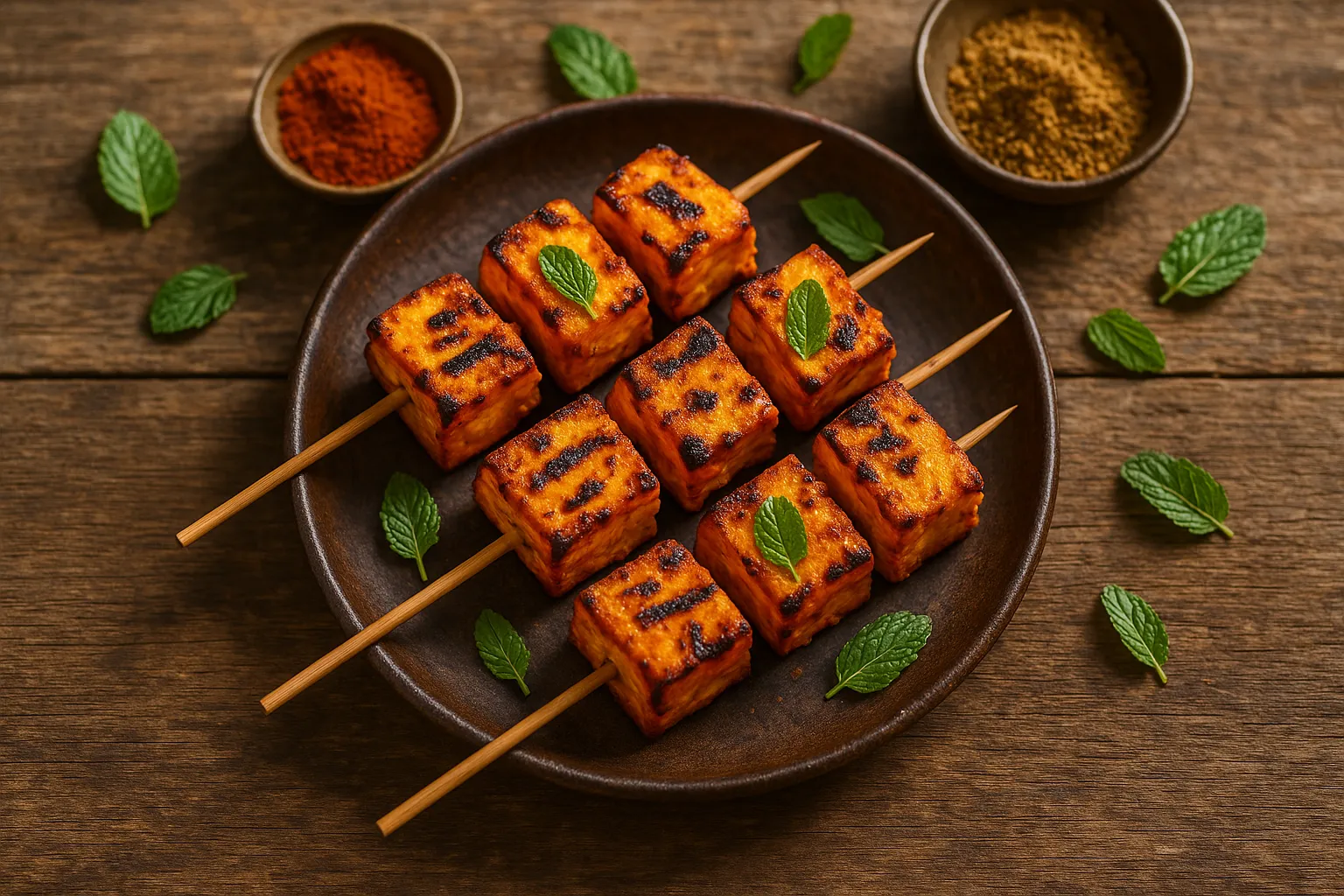 Fresh tandoori paneer on rustic wooden table - 265 calories per 100g