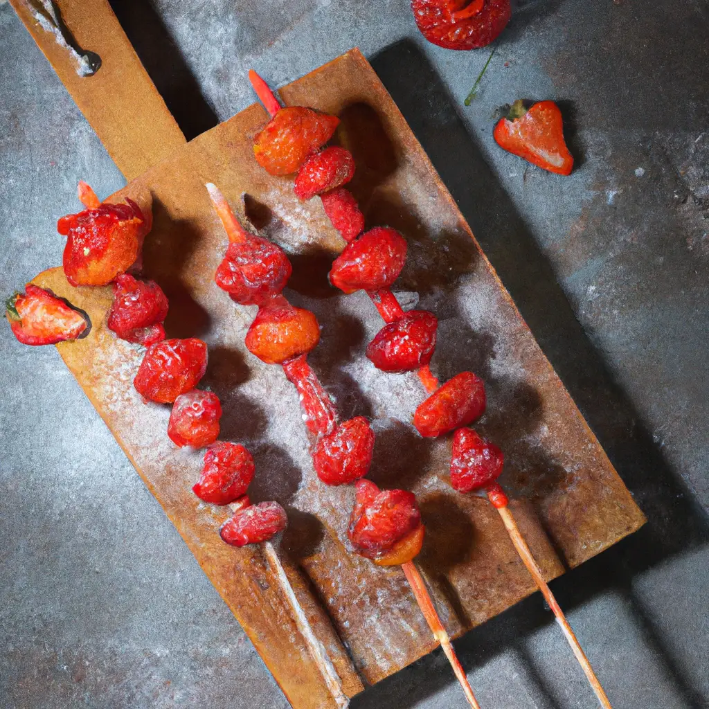 Fresh tanghulu strawberry skewers on rustic wooden table - 120 calories per skewer