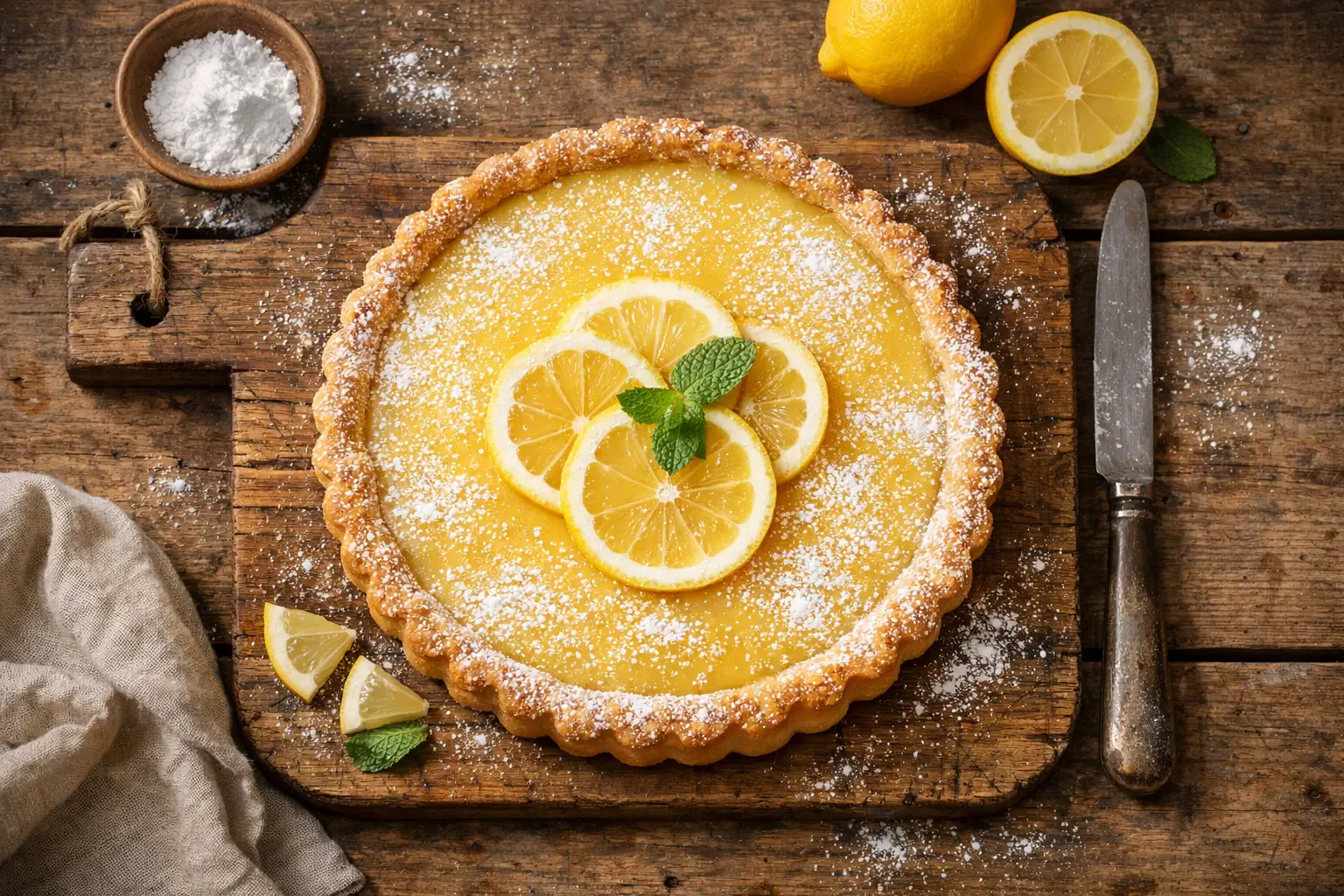 Tarte au citron fraîche sur table en bois rustique - 328 calories par part