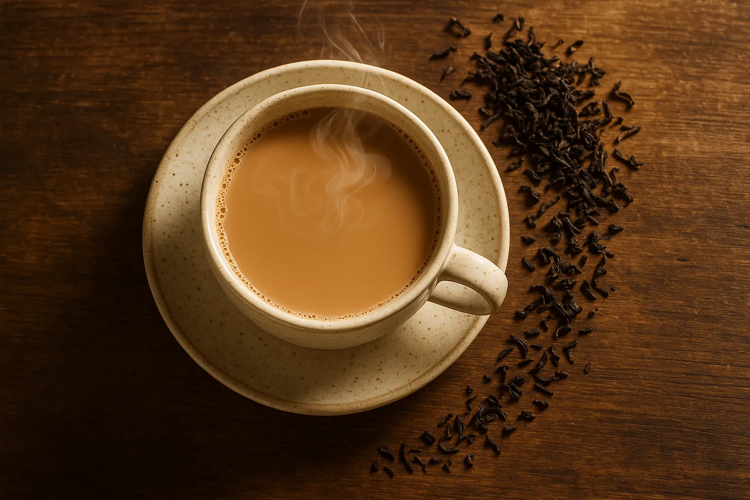 Fresh Indian chai tea on rustic wooden table - 80 calories per cup with milk