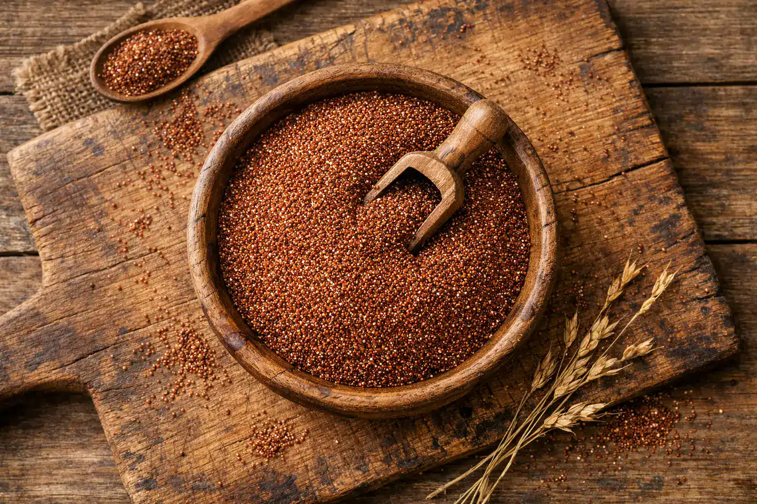 रस्टिक लकड़ी की मेज पर ताजा टेफ ग्रेन - 101 कैलोरी प्रति आधा कप पकाया हुआ