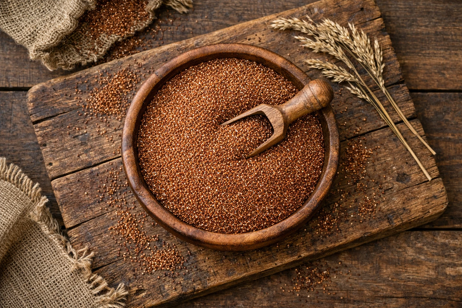 Fresh teff grain on rustic wooden table - 367 calories per 100g dry