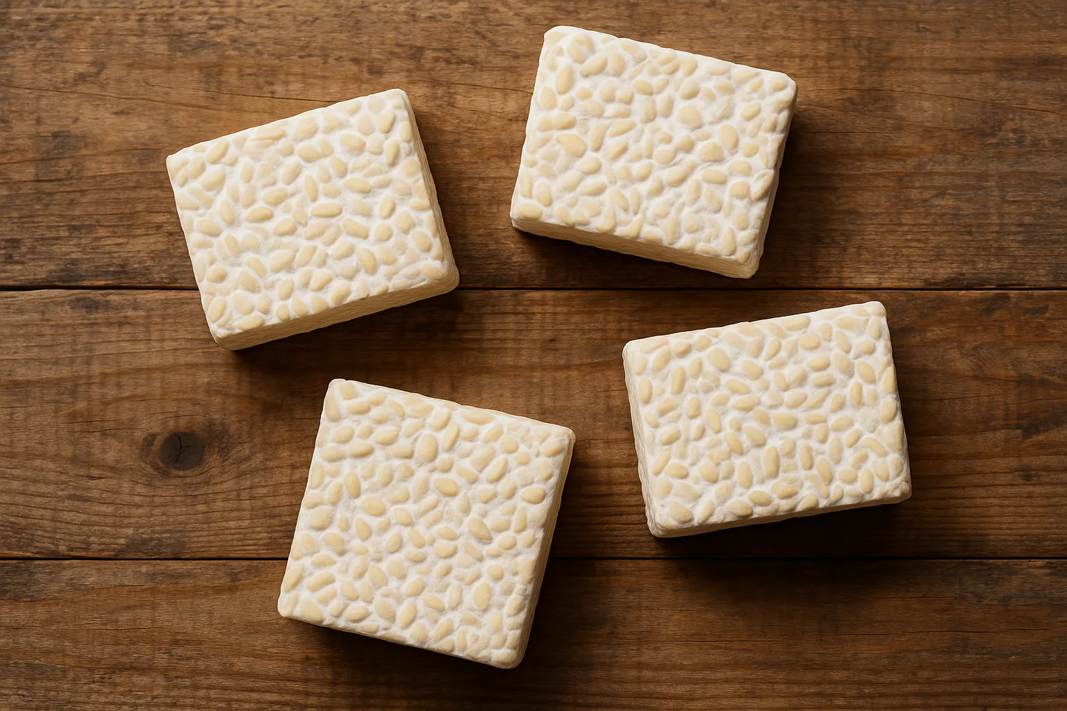 Fresh tempeh blocks on rustic wooden table - 193 calories per 100g