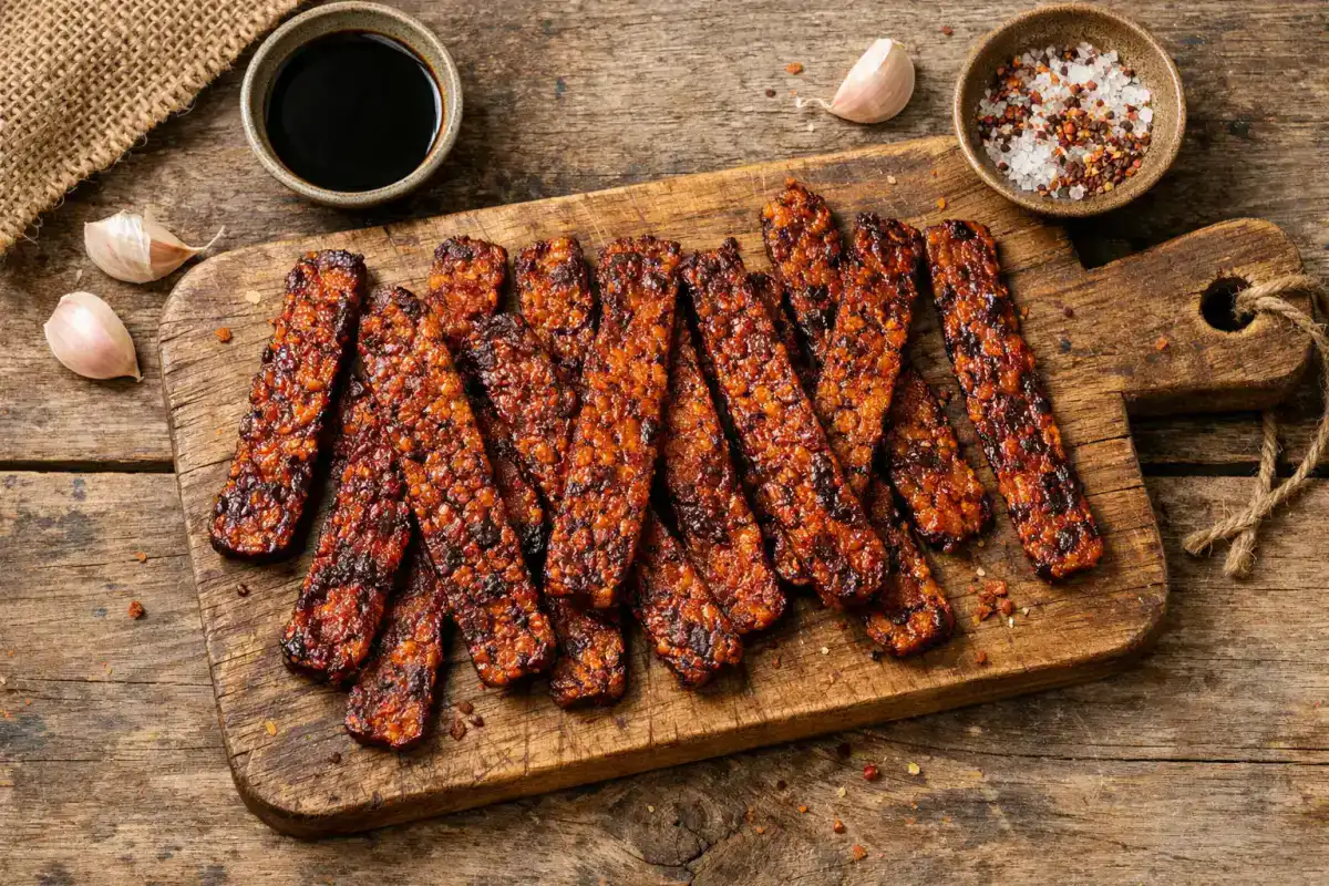 Bacon de tempeh frais sur une table en bois rustique - 195 calories pour 100 g