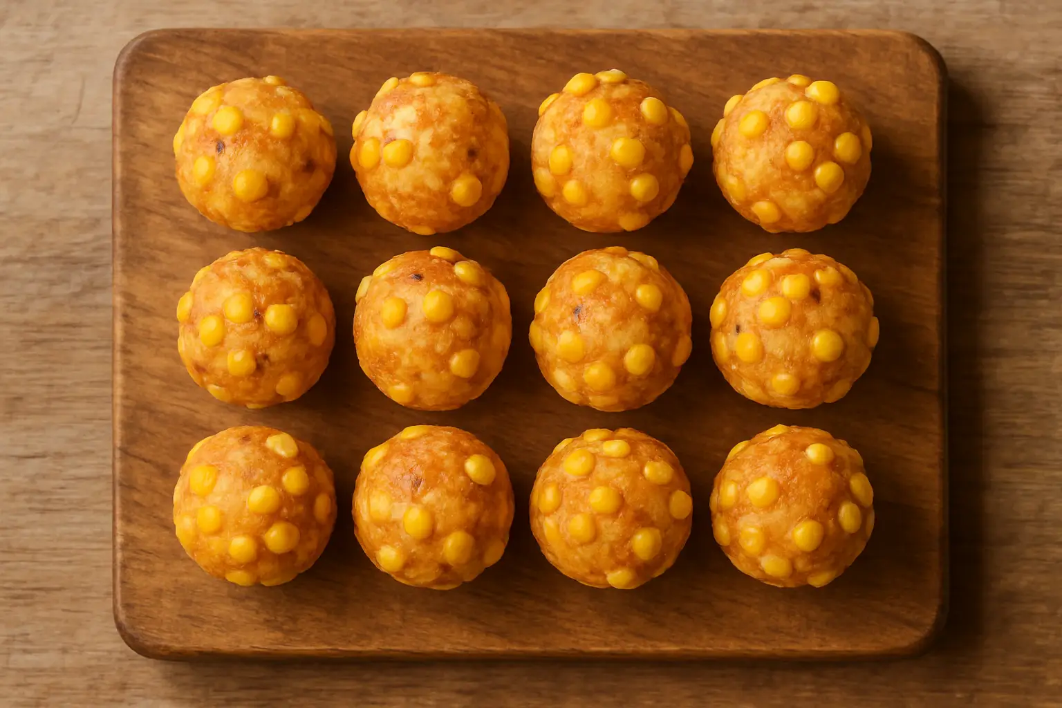 Overhead view of Calbee Takoyaki Balls corn puff snacks on a wooden board with Japanese seasoning
