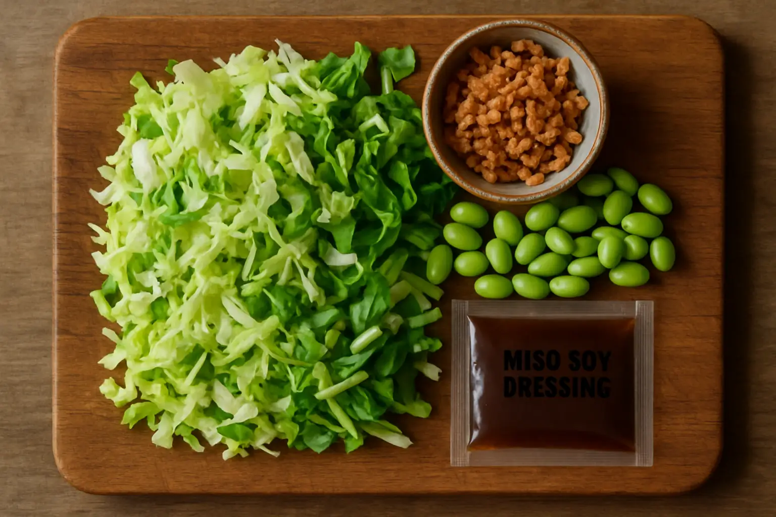 Overhead view of Tesco Chopped Asian Soy & Miso Salad Kit with shredded cabbage, edamame, crispy onions and miso dressing