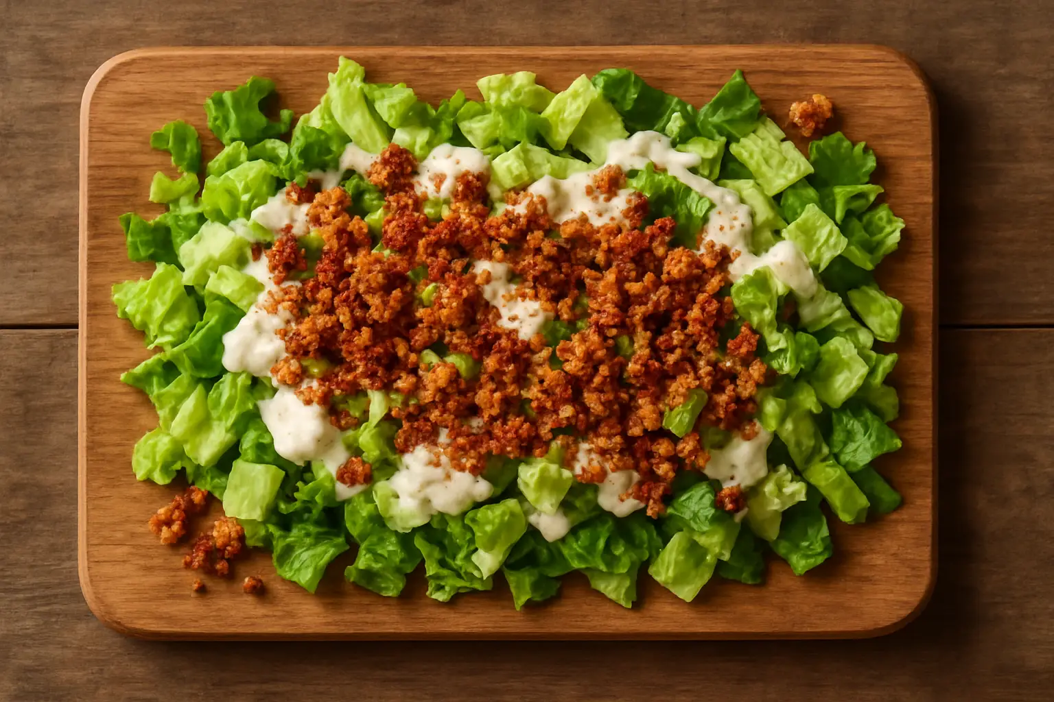 Overhead view of Tesco Chopped Caesar Salad Kit with romaine, caesar dressing and smoky bacon crumb