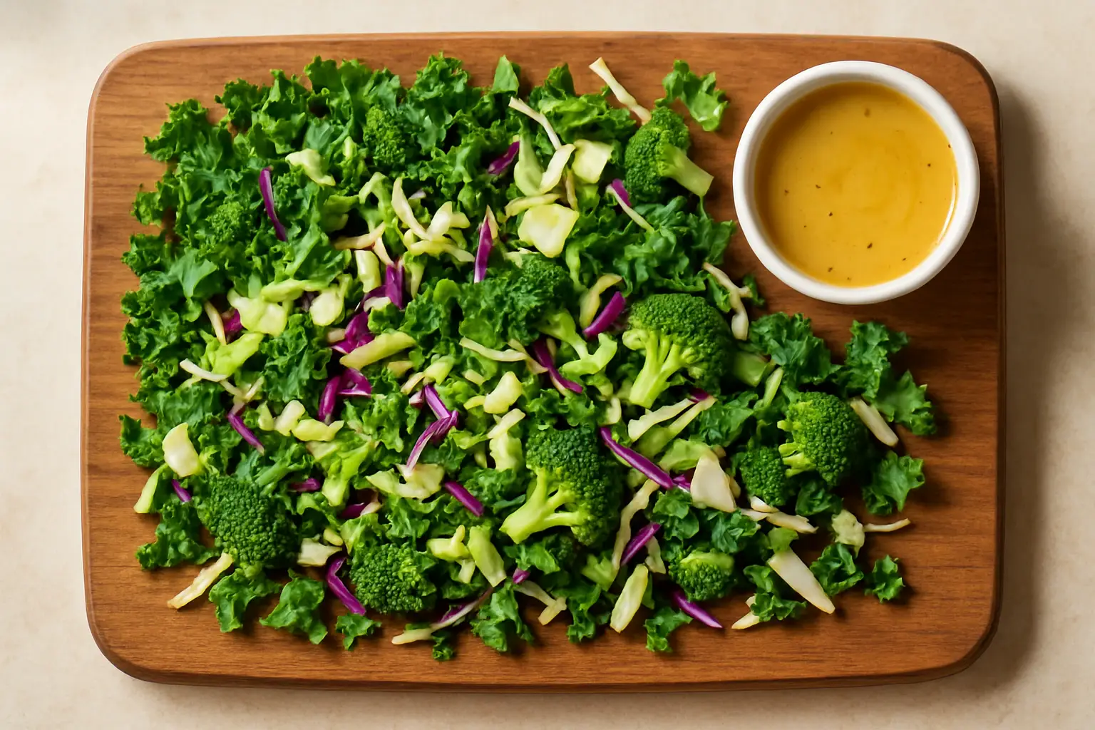 Overhead view of Tesco Chopped Sweet Kale Salad Kit with chopped kale, cabbage, broccoli and sweet dressing on a wooden board