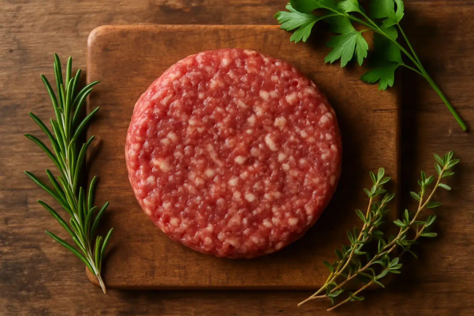 Tesco Finest Chuck Brisket and Bone Marrow Beef Burger on a wooden board with herbs