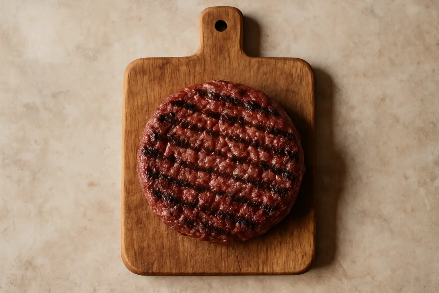 Tesco Finest Dry Aged Aberdeen Angus Beef Burger patty on a wooden board — premium dry-aged UK beef