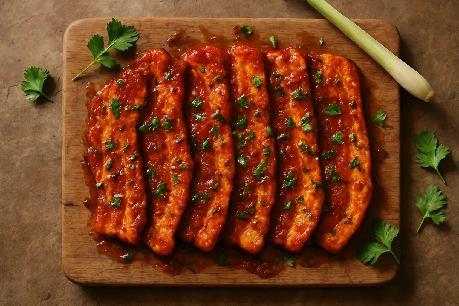Tesco Finest Red Thai Inspired Pork Belly Slices on a wooden board with Thai herbs and chilli — sticky marinated pork belly