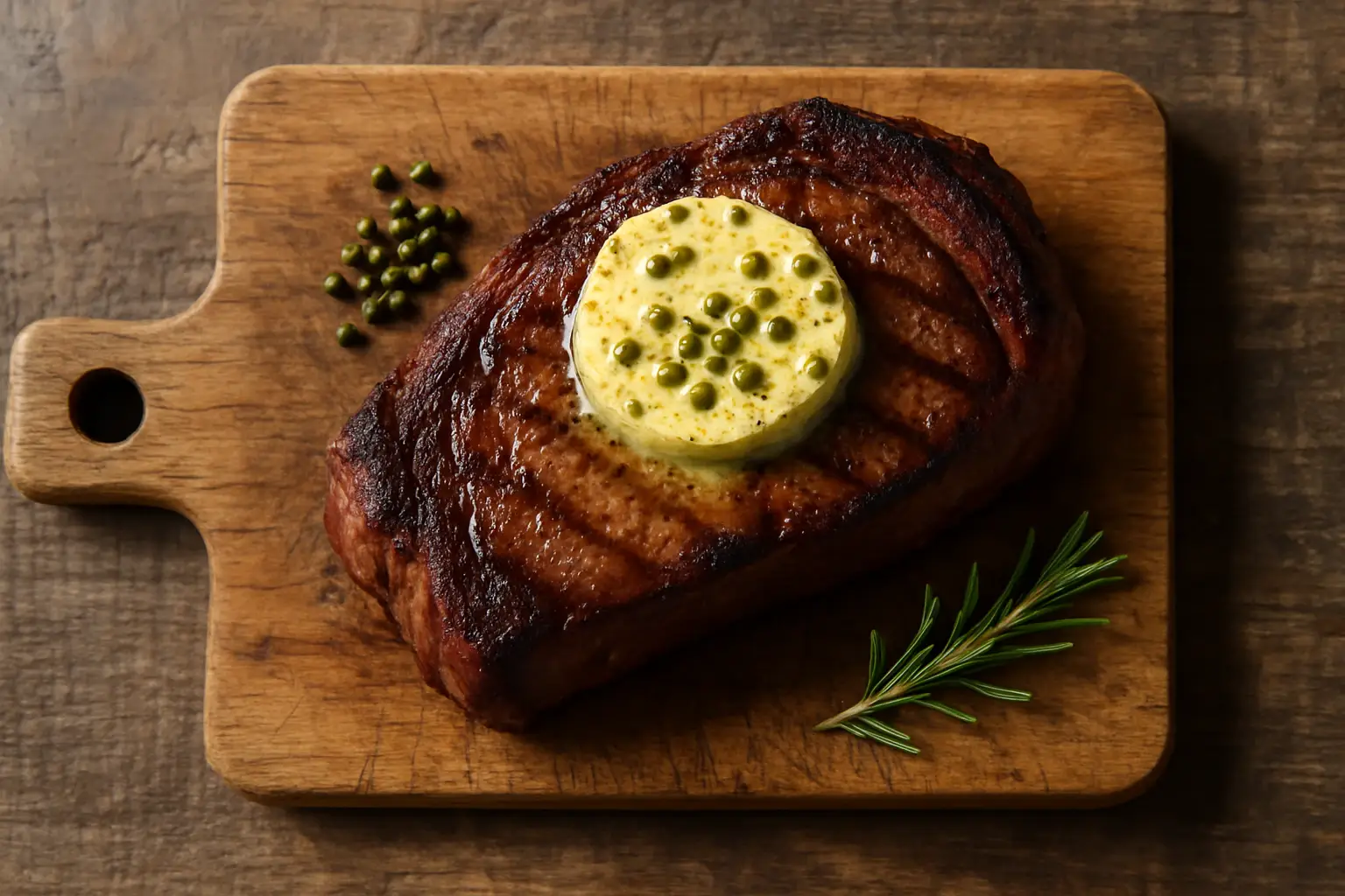 Tesco Finest Thick Cut Rump Steak with Green Peppercorn Melt on a wooden board — 382g British beef, 30-day matured