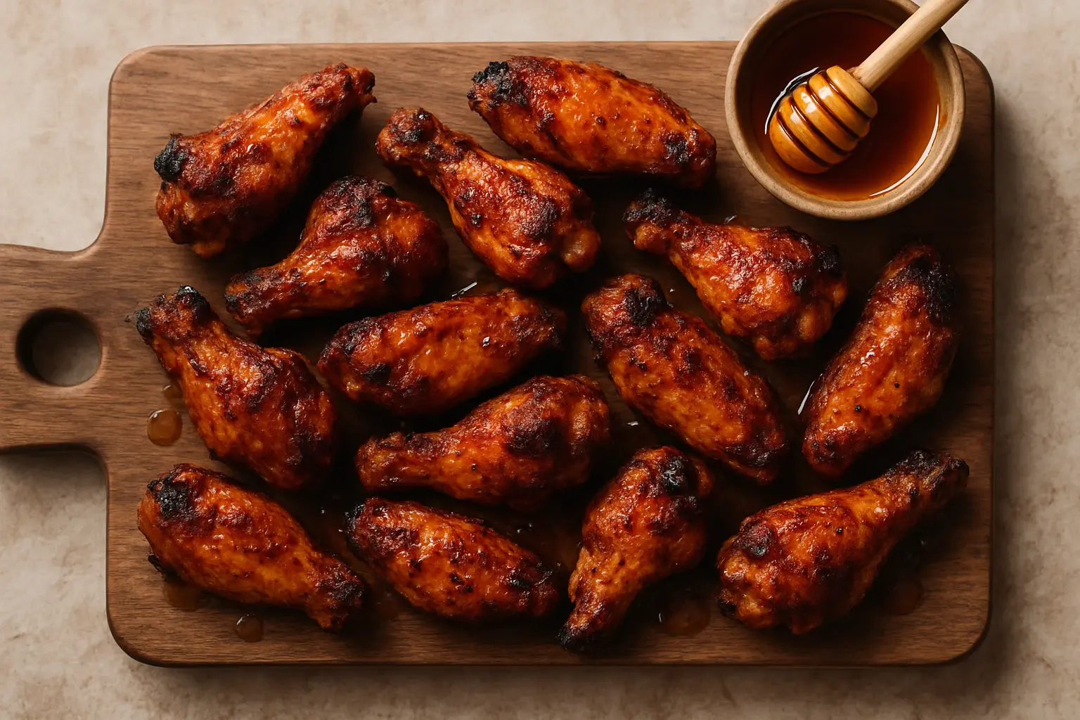 Overhead view of cajun hot honey chicken wings on a wooden board with a deep amber glaze and charred edges, soft daylight