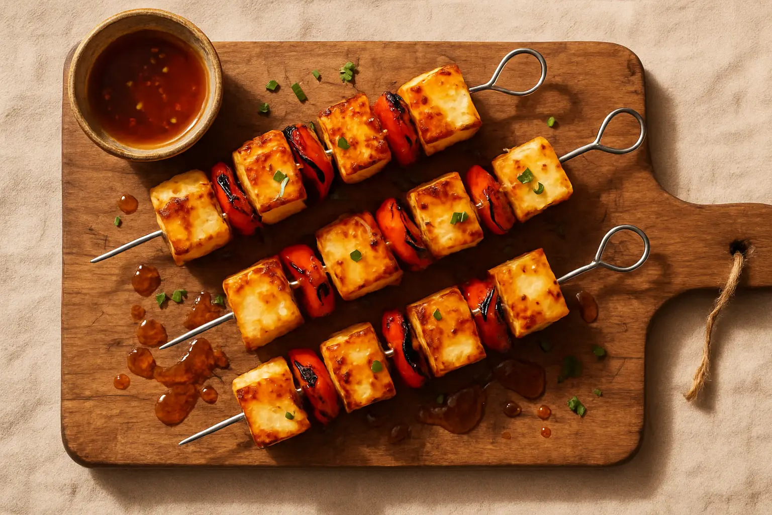 Tesco Fire Pit Hot Honey Halloumi Kebabs on a wooden board with hot honey glaze, overhead view