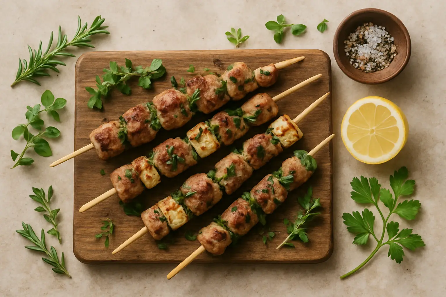 Tesco Fire Pit Pork, Feta and Herb Kebabs on a wooden board, ready for the grill