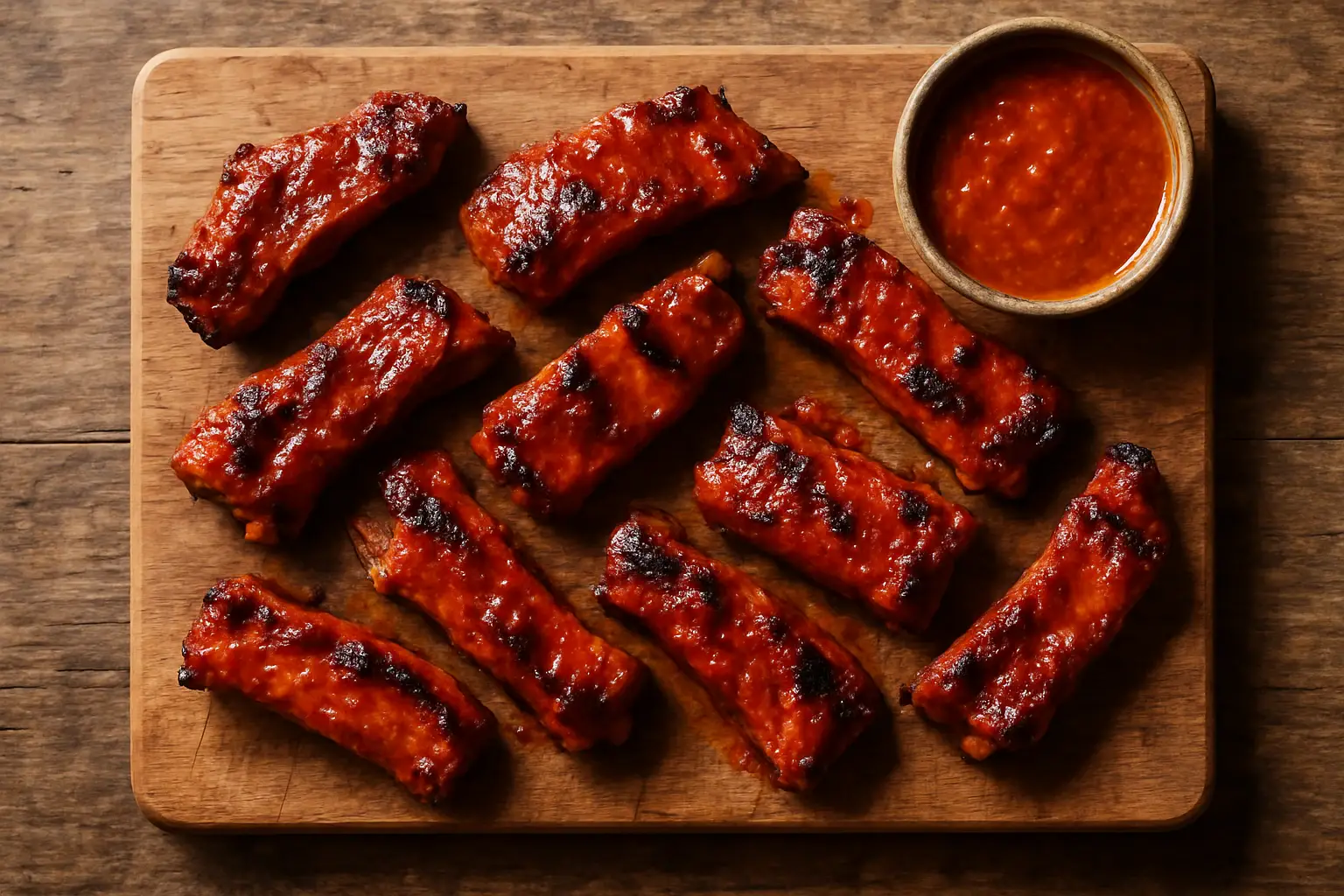 Overhead view of slow cooked piri piri pork riblets on a wooden board with charred edges and a deep red-orange glaze, soft daylight