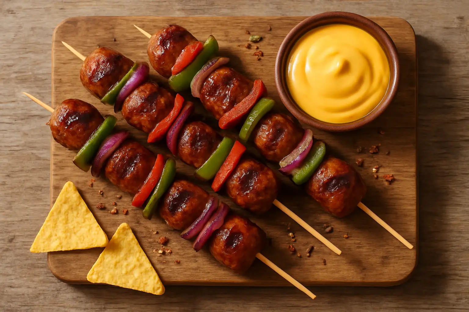Tesco Fire Pit Tex Mex Pork Sausage Skewers with nacho cheese sauce on a wooden board