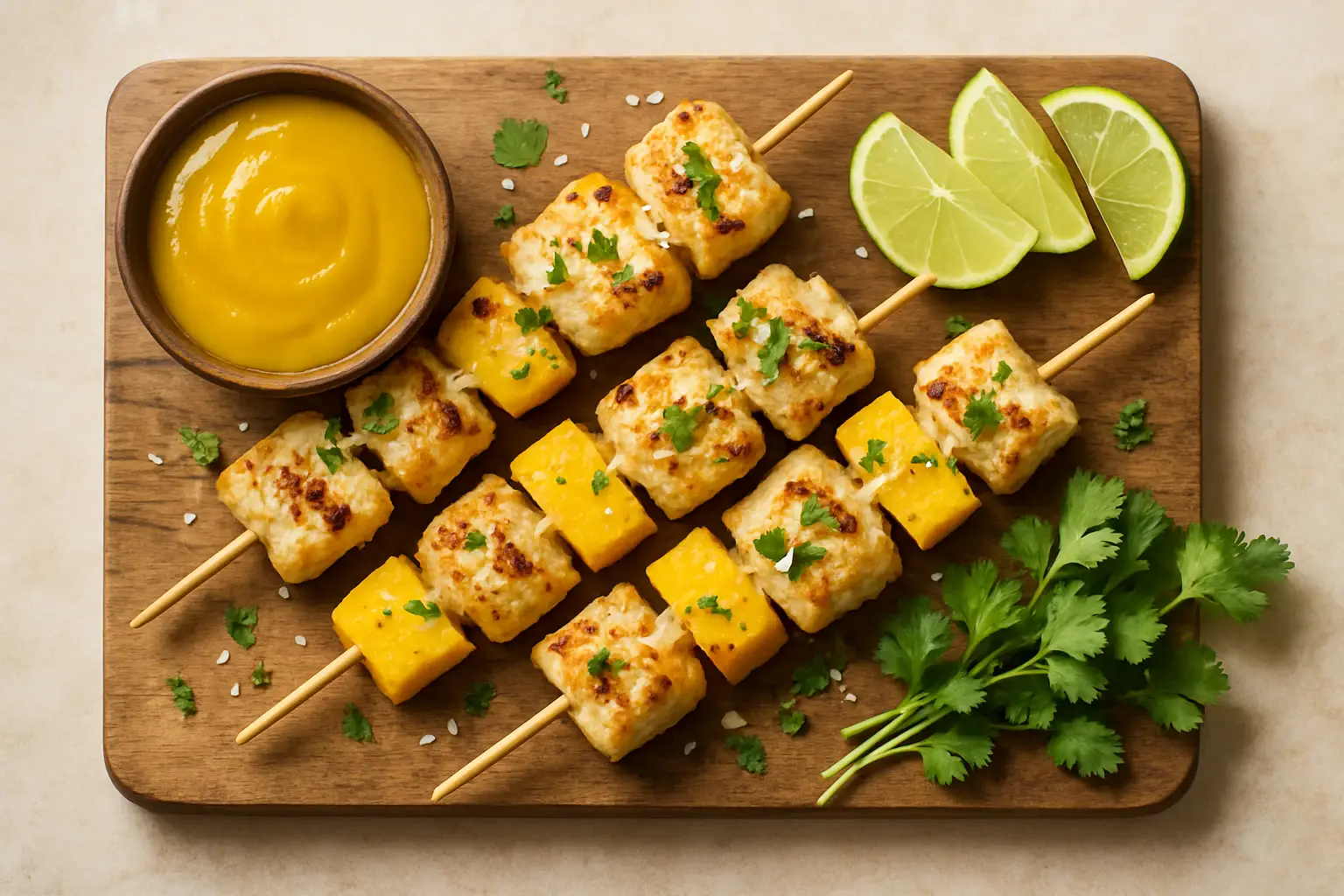 Tesco Fire Pit Mango Coconut Lime Fish Skewers on a wooden board with lime wedges and fresh herbs