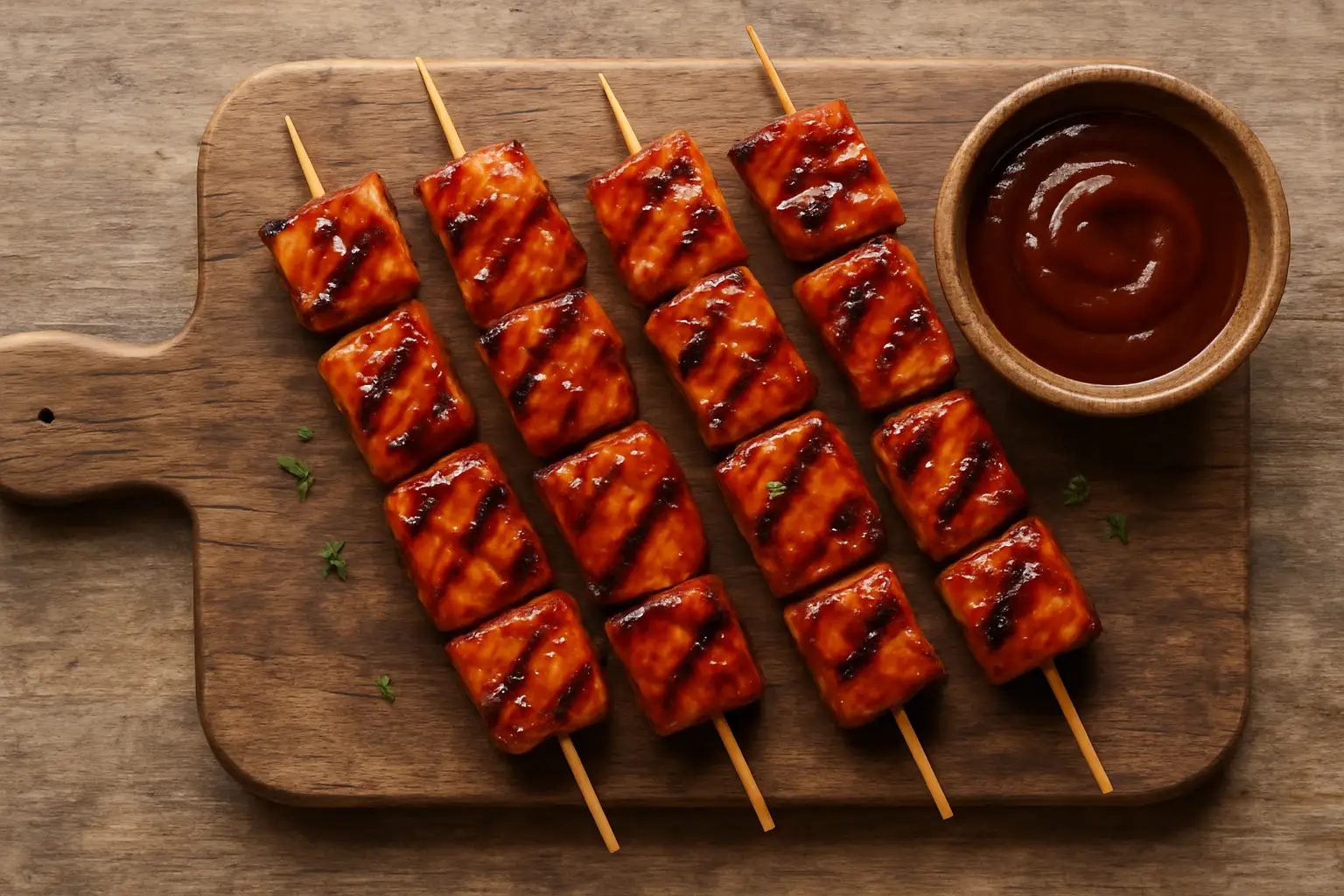 Tesco Fire Pit Sweet And Smoky BBQ Salmon Skewers on a grill with smoky char marks, overhead view