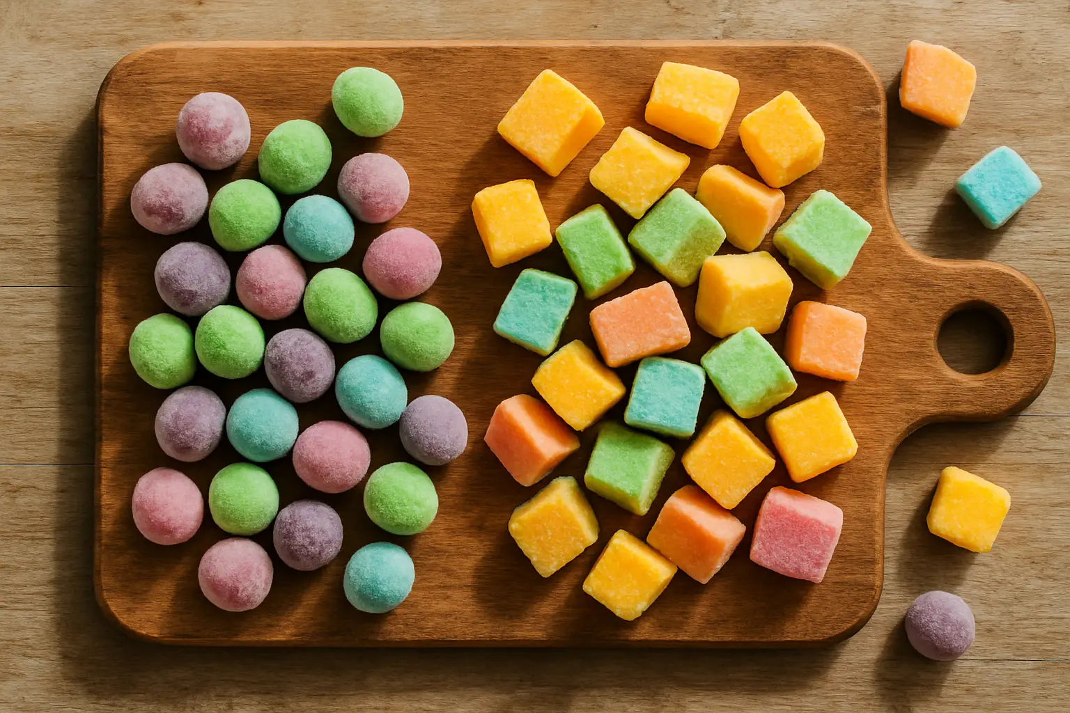 Tesco Fruit Riot Crunchy Candy Grapes frozen snack in a bowl, showing candy-coated frozen grapes