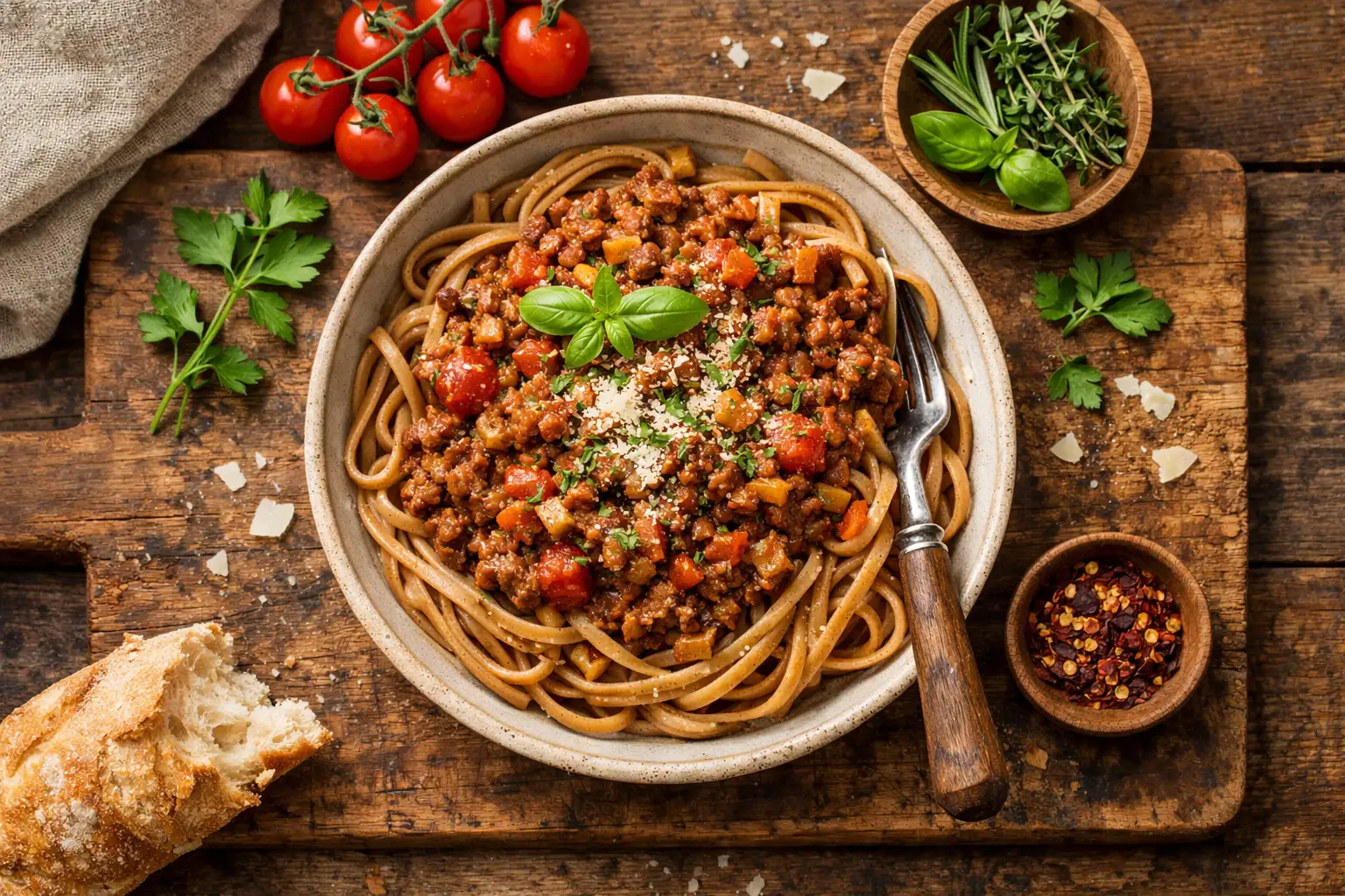 Tesco High Protein Beef and Lentil Ragu रस्टिक लकड़ी की मेज पर - 408 कैलोरी प्रति सर्विंग